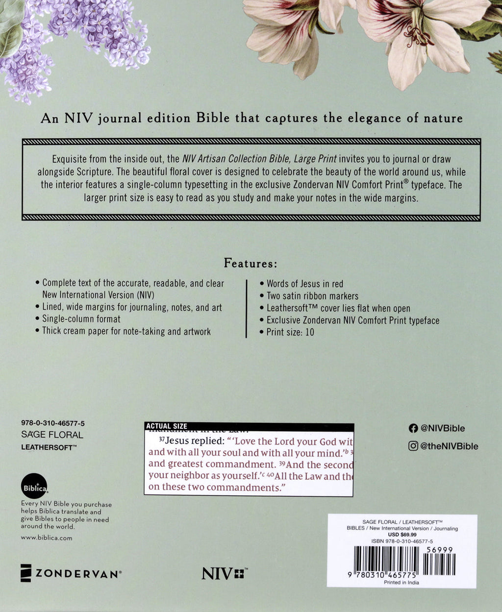 Large Print NIV Bible with Red Letter Edition and Sage Floral Artisan Collection design
