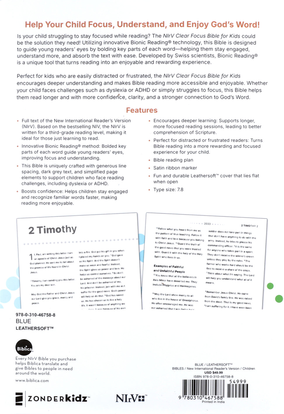 Close-up of the NIRV Clear Focus Bible for Kids, Blue, with colorful illustrations