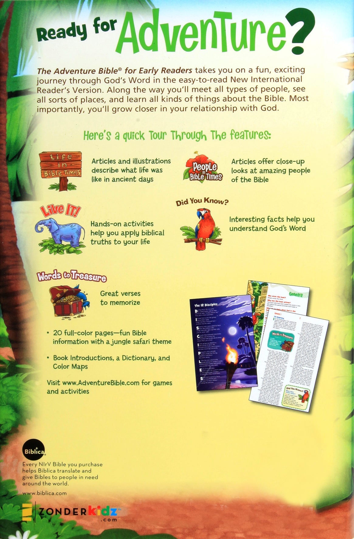 Close-up of the NIRV Adventure Bible for Early Readers, a Bible designed for young readers