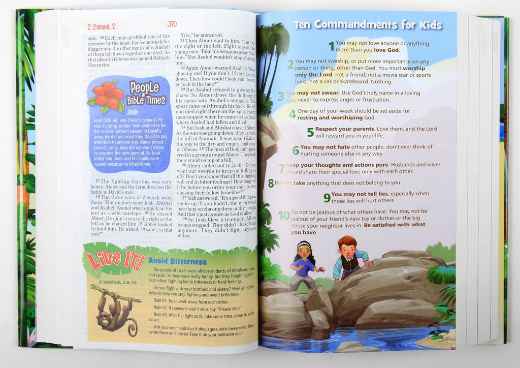 NIRV Adventure Bible for Early Readers open to a colorful and interactive story