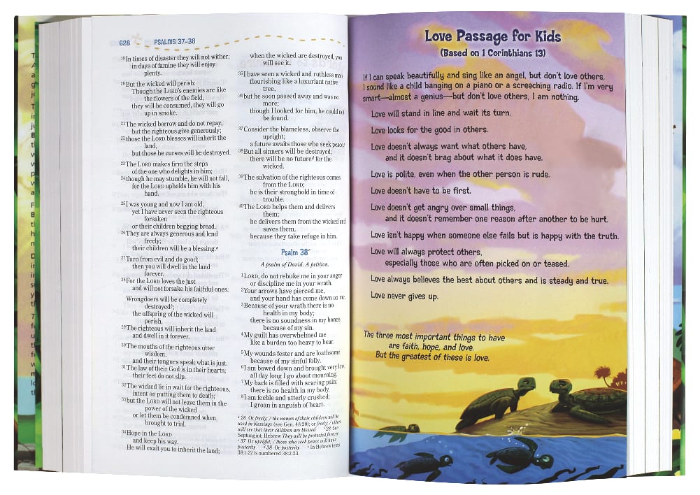 Close-up of the NIV Adventure Bible for Kids, highlighting its interactive features and colorful design.
