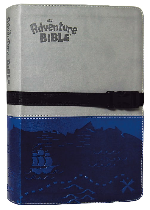 NIV Adventure Bible with gray blue clip closure and black letter edition Bible