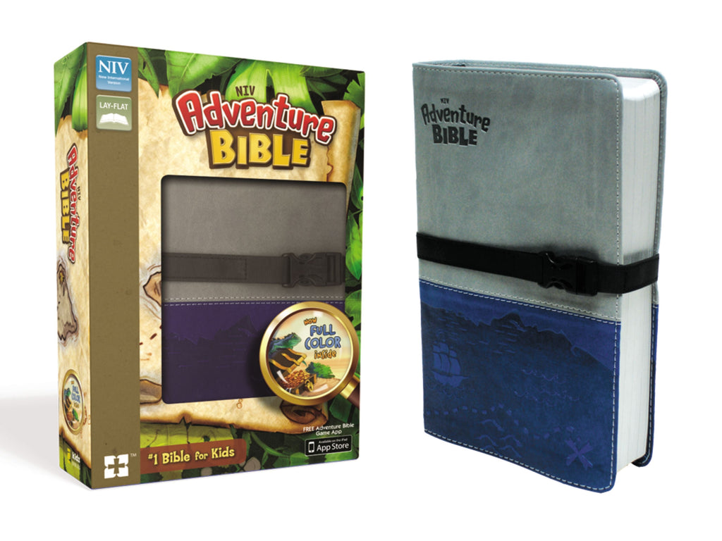 NIV Adventure Bible with gray blue clip closure and black letter edition Bible