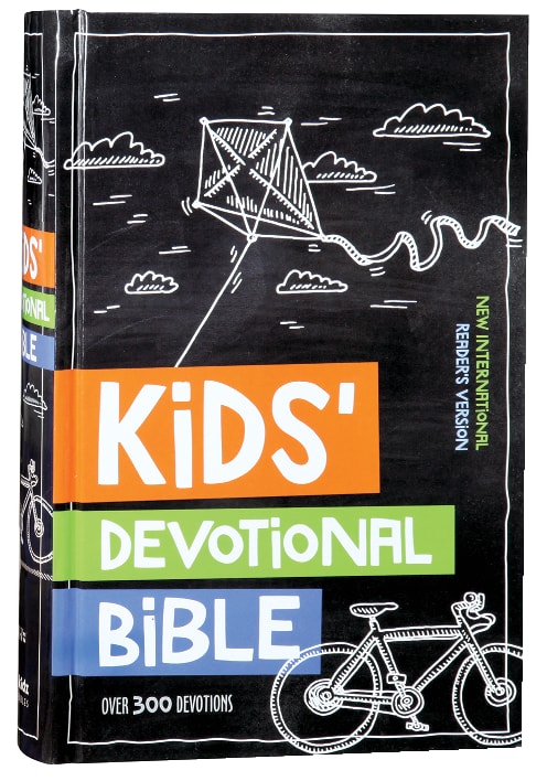Black letter NIRV Kids' Devotional Bible for children's spiritual growth.