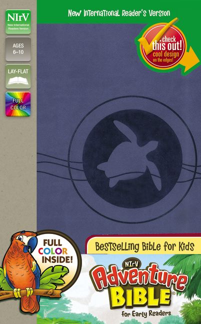 Close-up of the NIRV Adventure Bible for Early Readers Blueberry, a kid-friendly Bible with blueberry cover and black letter 