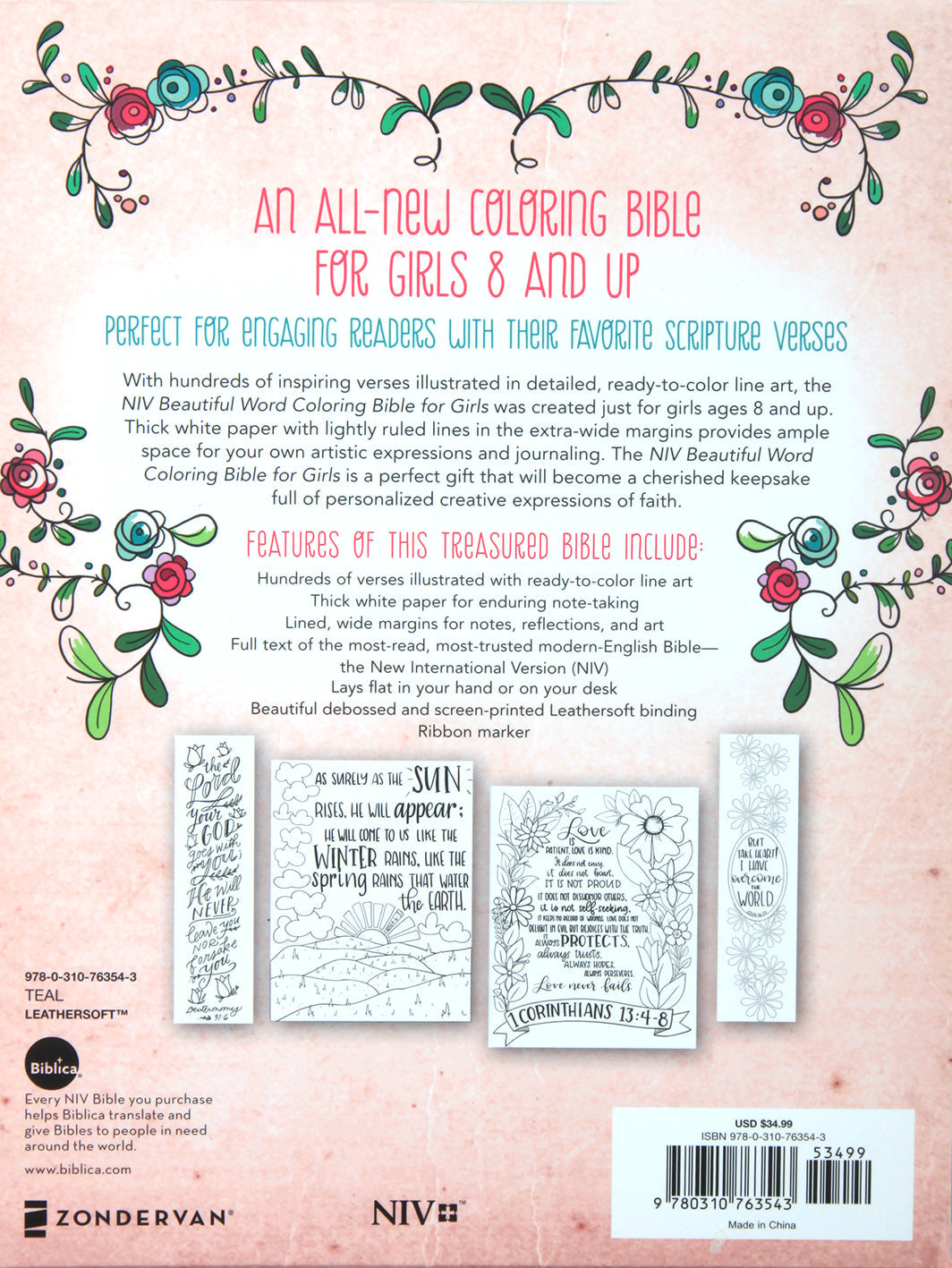 NIV Beautiful Word Coloring Bible For Girls Teal (Black Letter Edition)