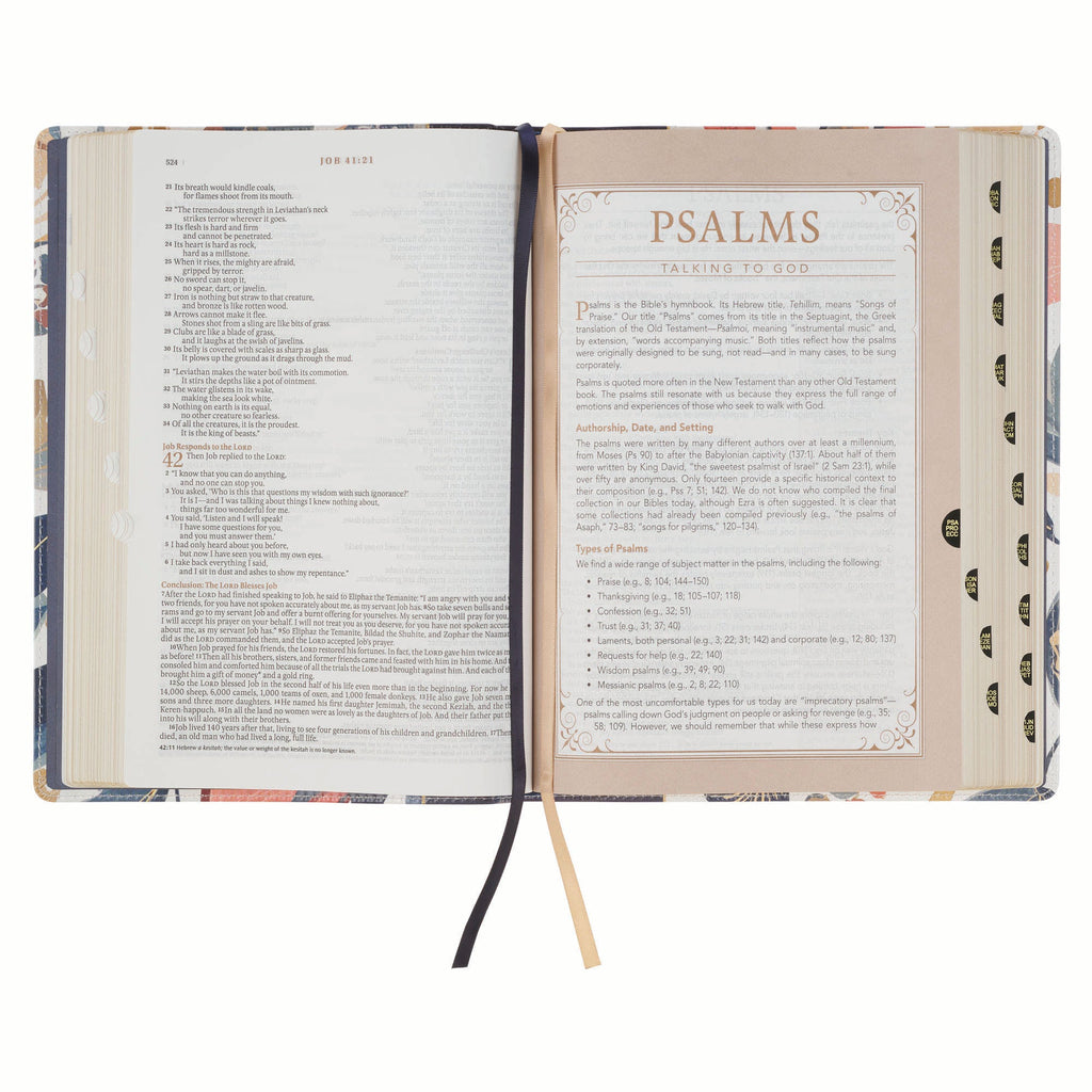 Navy leather cover Spiritual Growth Bible with leaves