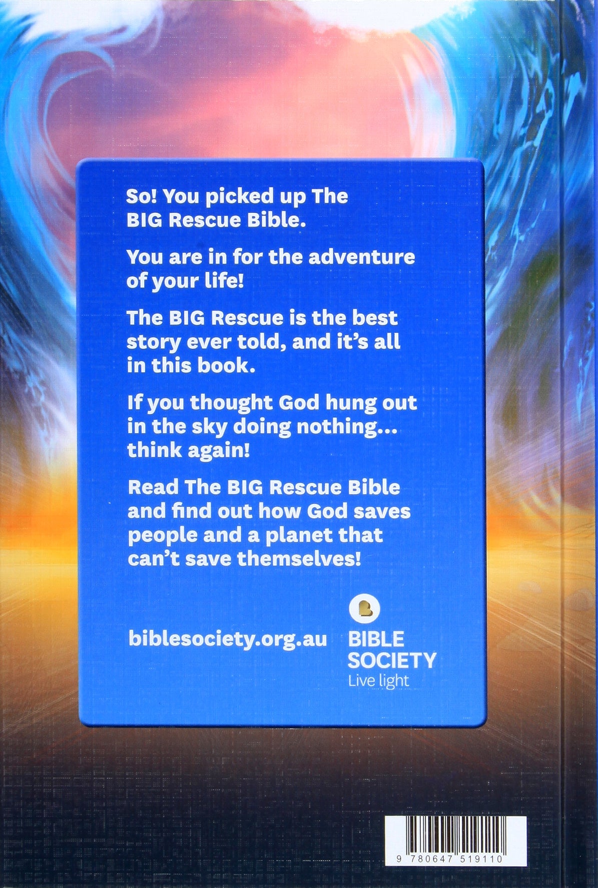 Colorful illustrations and cover of CEV the Big Rescue Bible, a children's Bible.