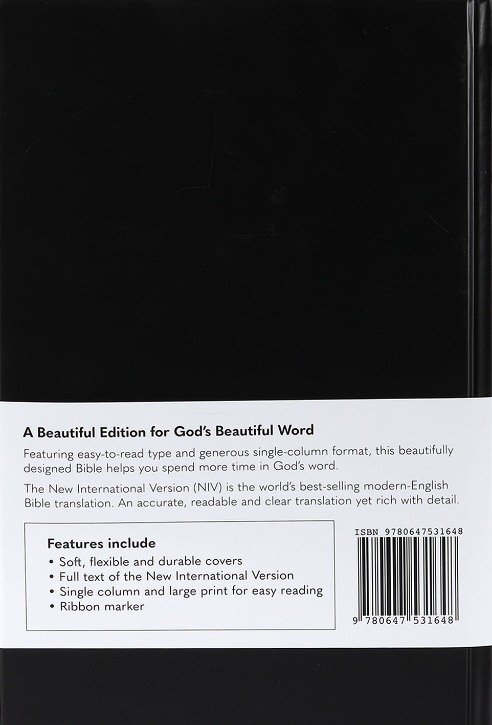 Close-up of NIV Black Pew Bible with single column layout