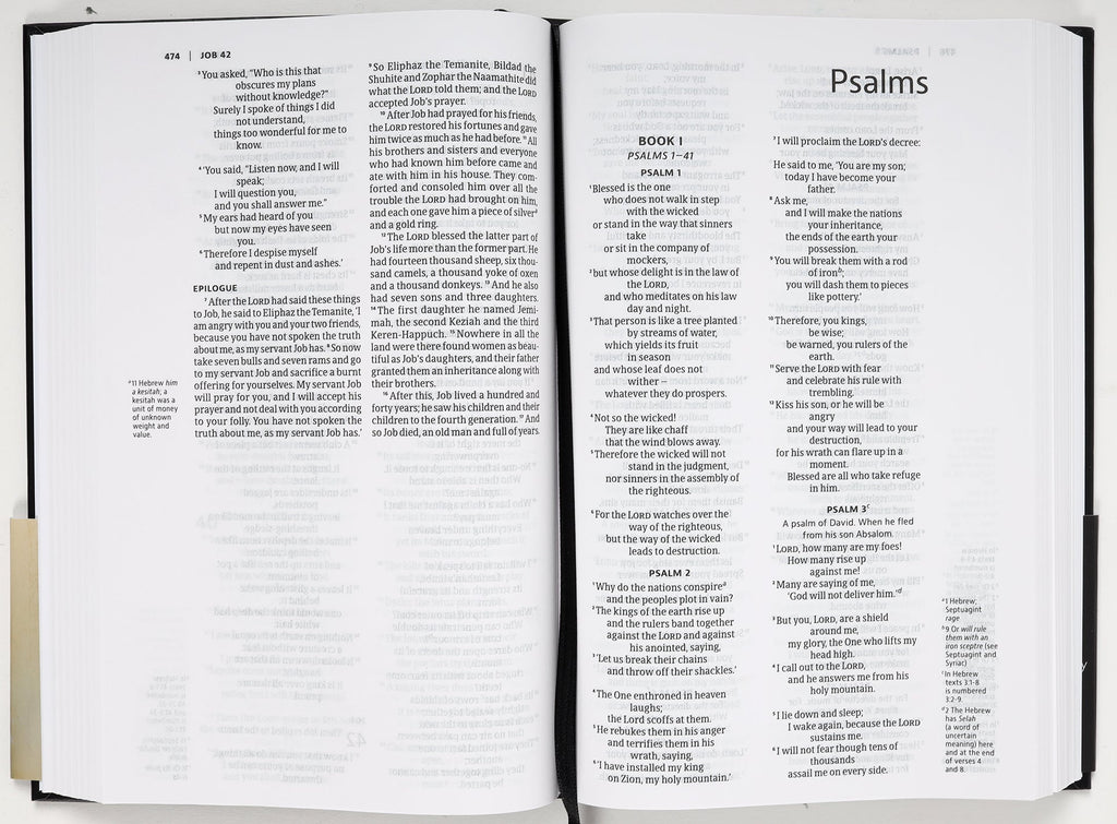Close-up of NIV Slimline Bible Black Anglicised Black Letter edition cover and pages