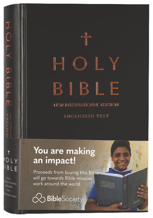 NIV Slimline Bible Black Anglicised Black Letter edition open to a bookmarked page
