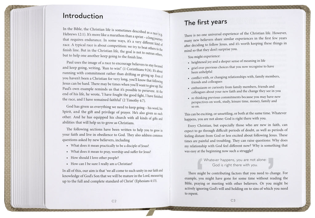 Anglicised NLT New Beginnings Bible with a natural leather cover, ideal for daily reading and reflection.