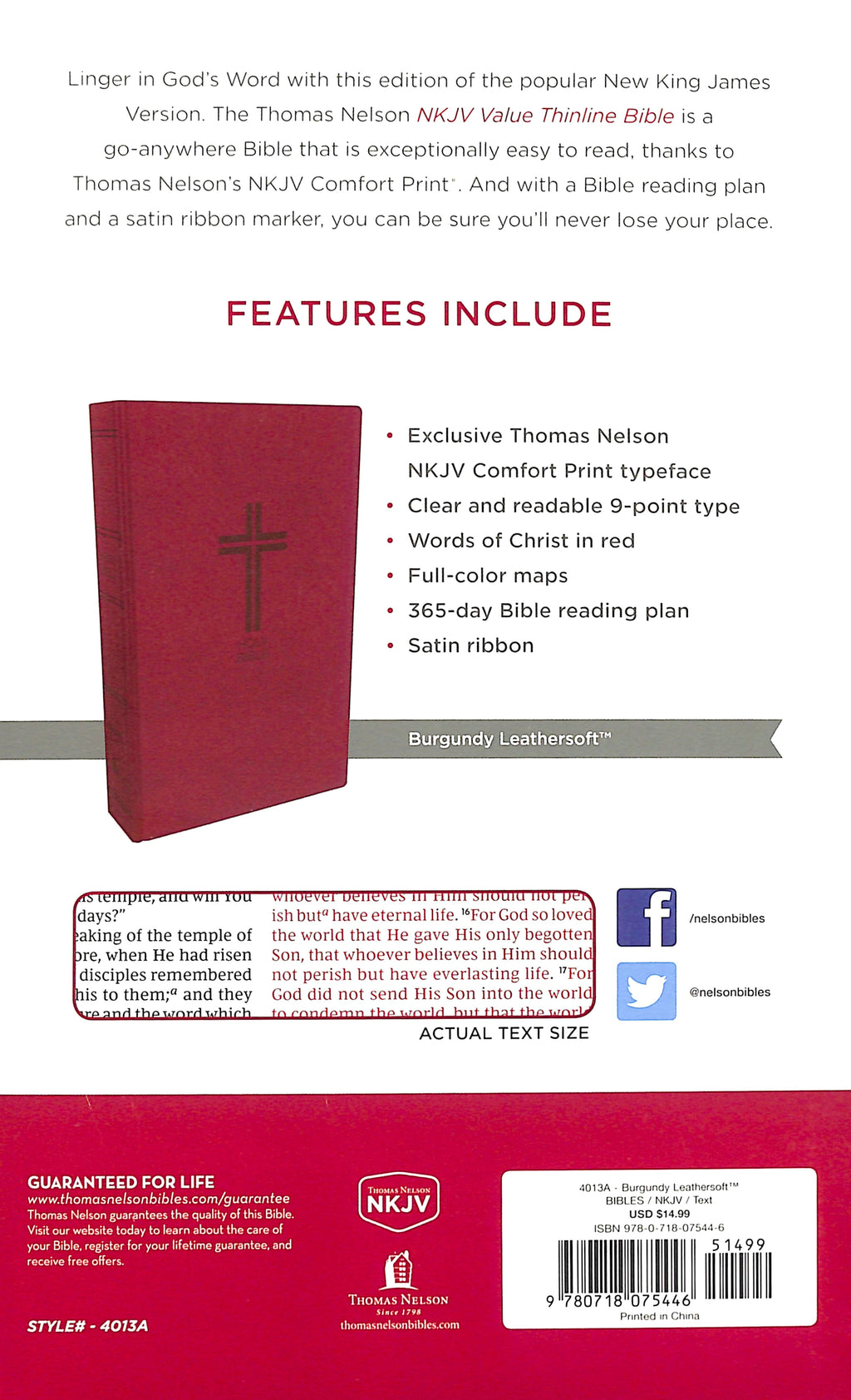 NKJV Value Thinline Bible, Red Letter Edition, burgundy leather binding