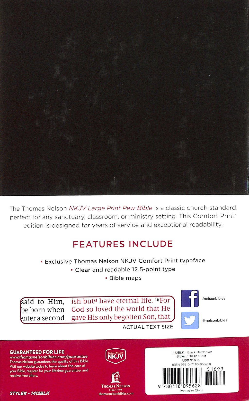 Close-up of the NKJV pew Bible with large print and red letter edition
