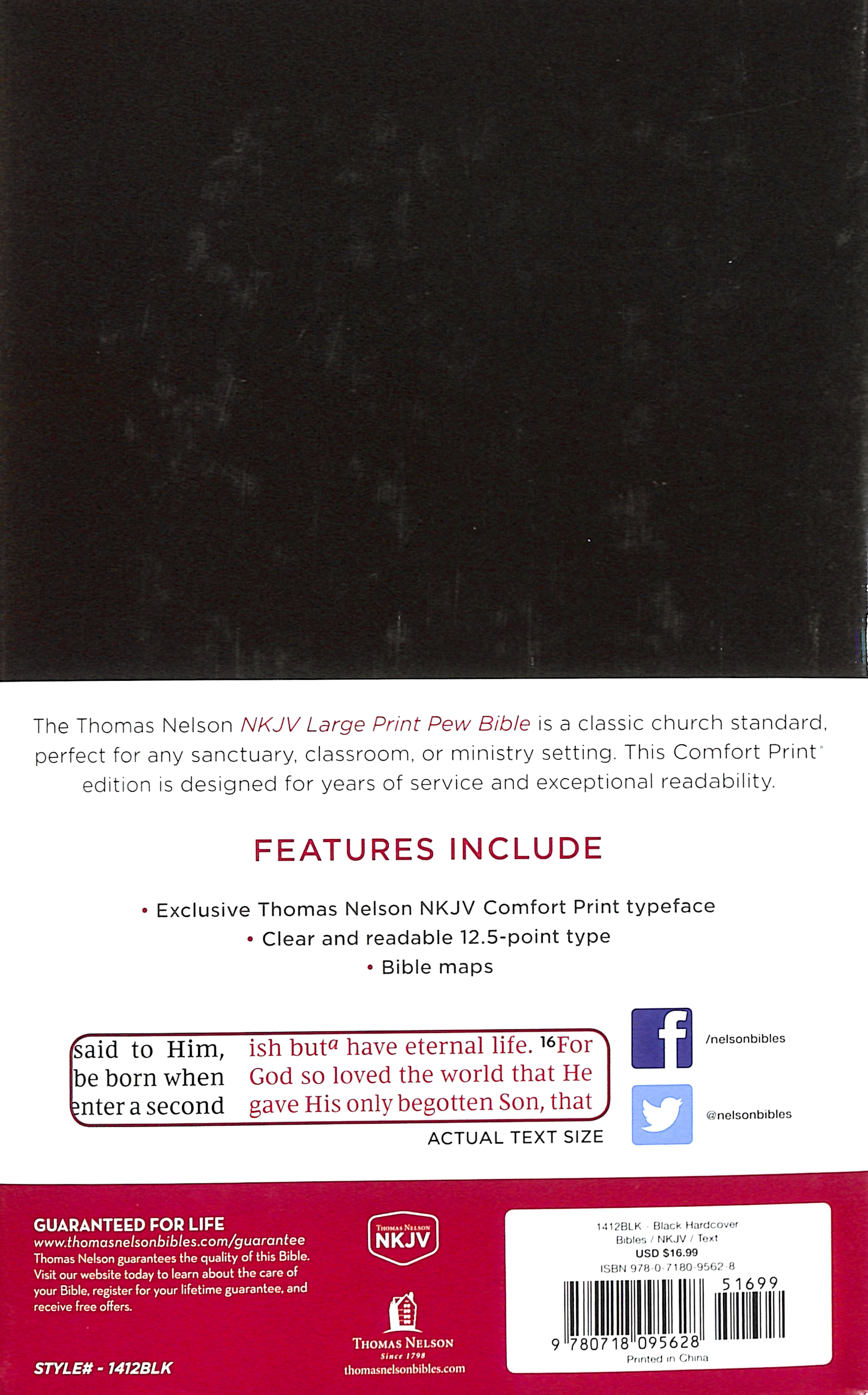 Close-up of the NKJV pew Bible with large print and red letter edition