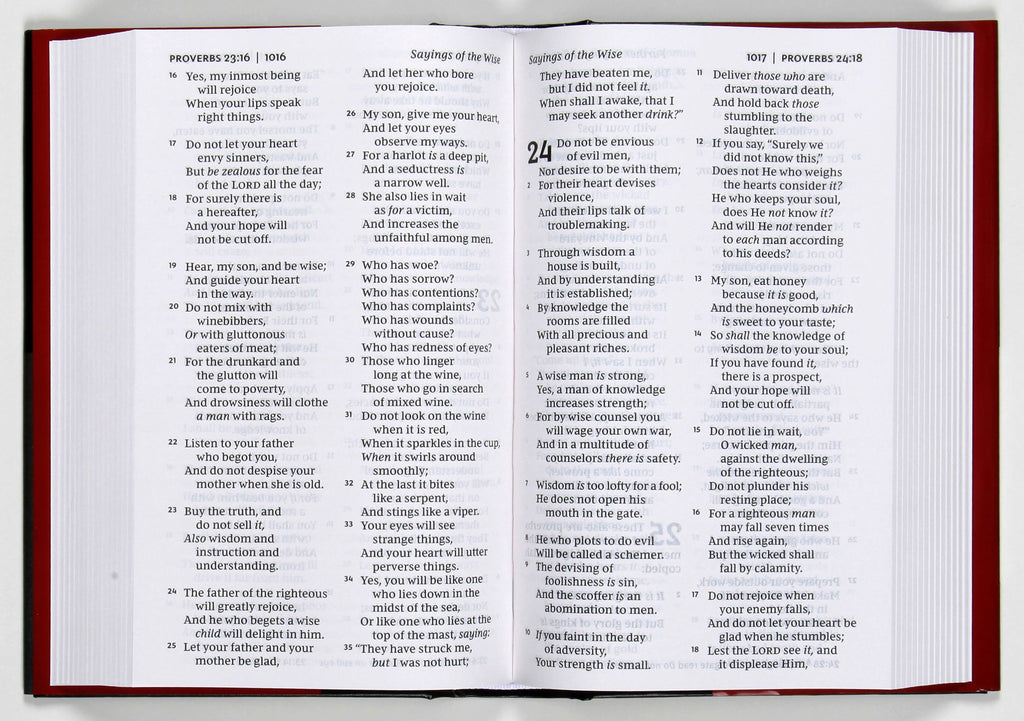 Open pages of the NKJV pew Bible with large print and red letter edition