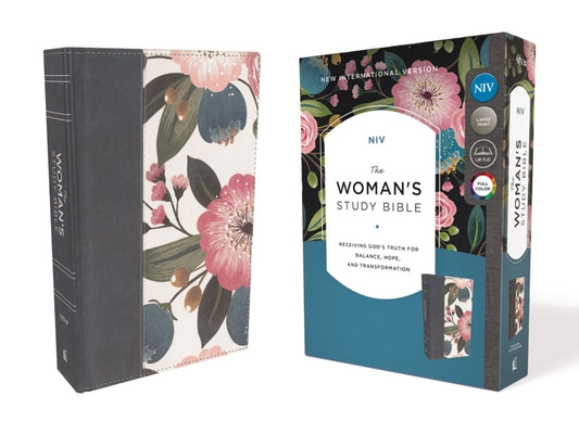 Close-up of NIV woman's study Bible with red letter edition in blue floral design