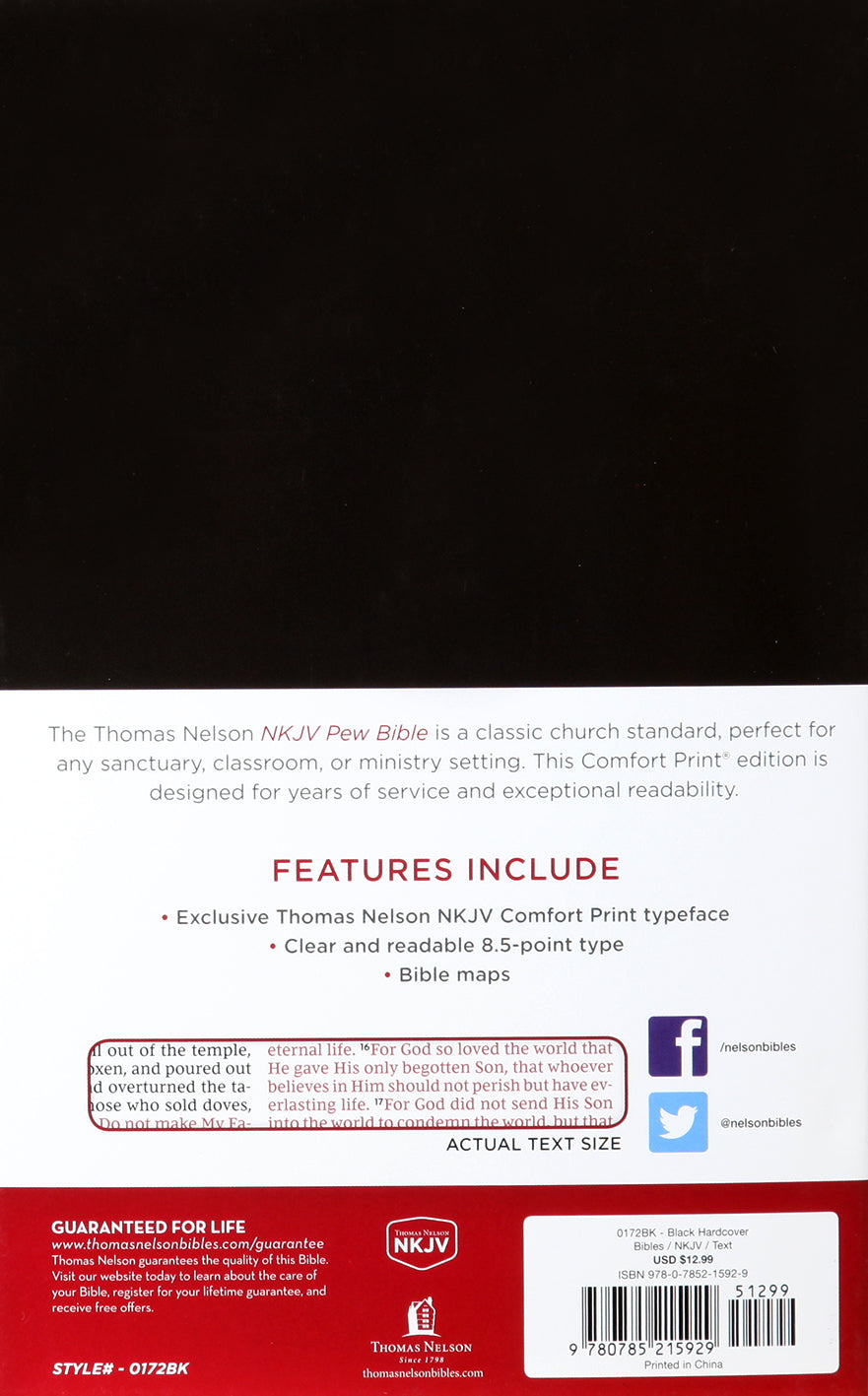 NKJV Pew Bible in a classic Black cover with Red Letter