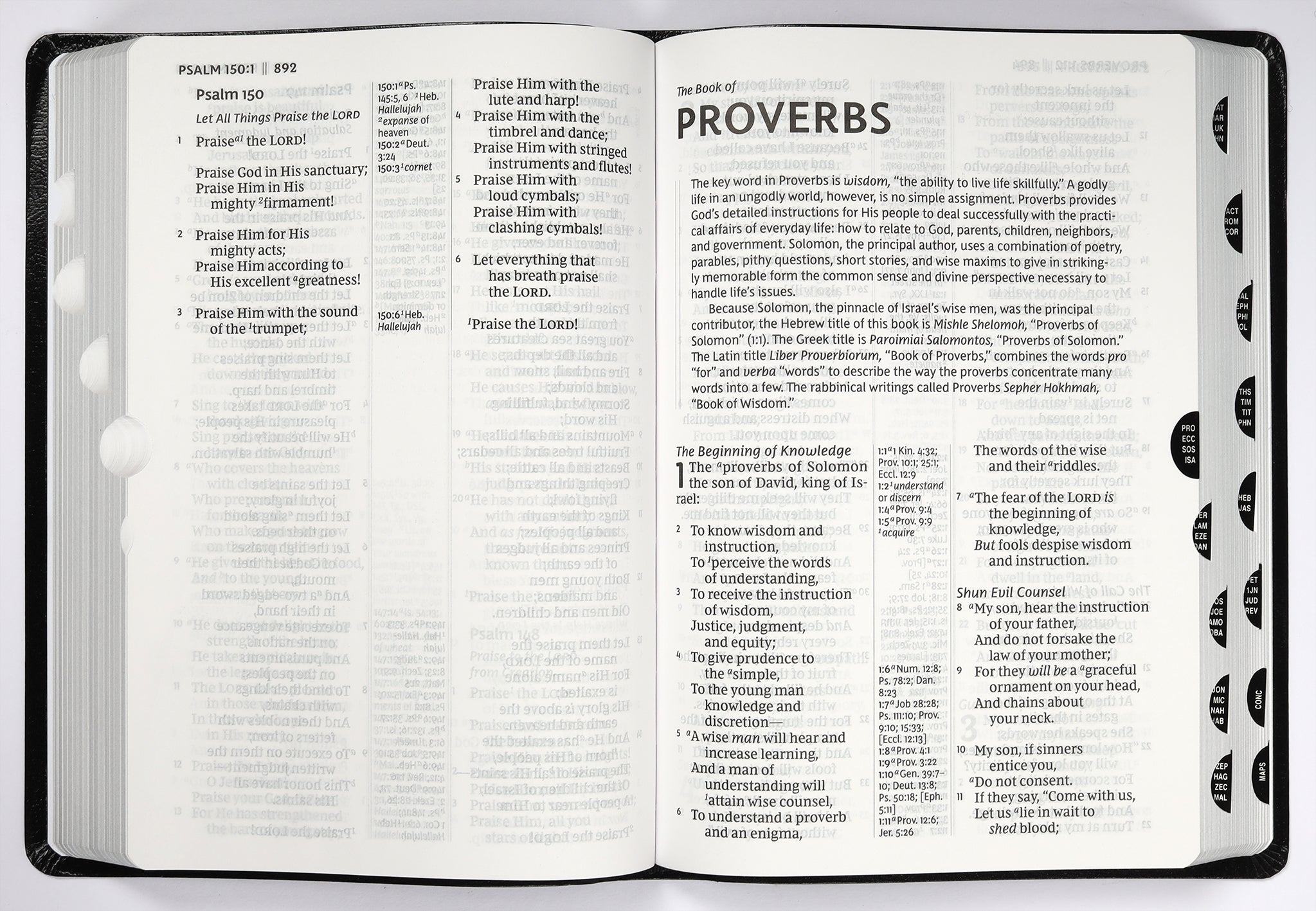 Detailed view of Giant Print NKJV Reference Bible in black leather indexed