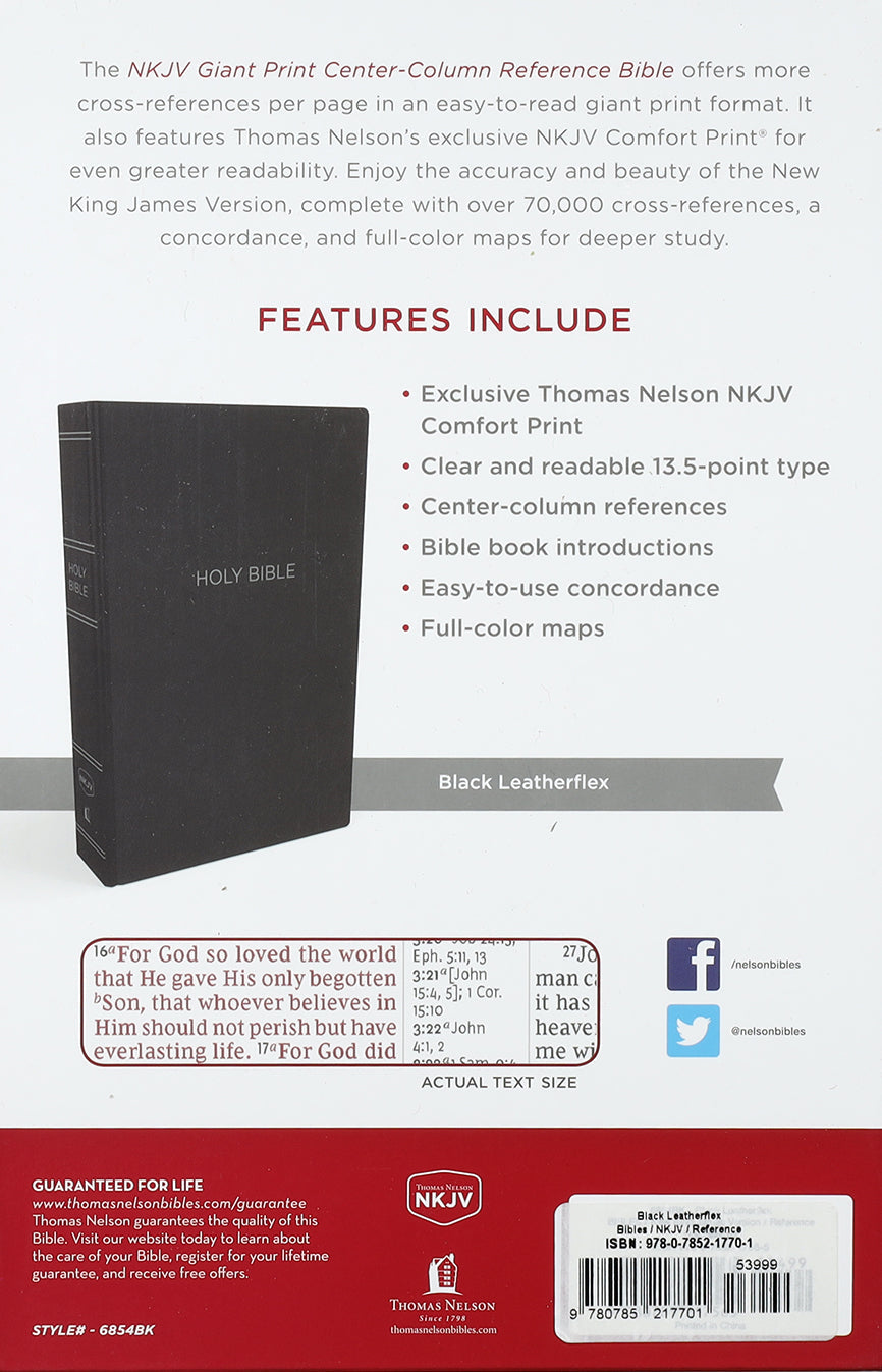 Close-up of Giant Print NKJV Reference Bible in black leather indexed