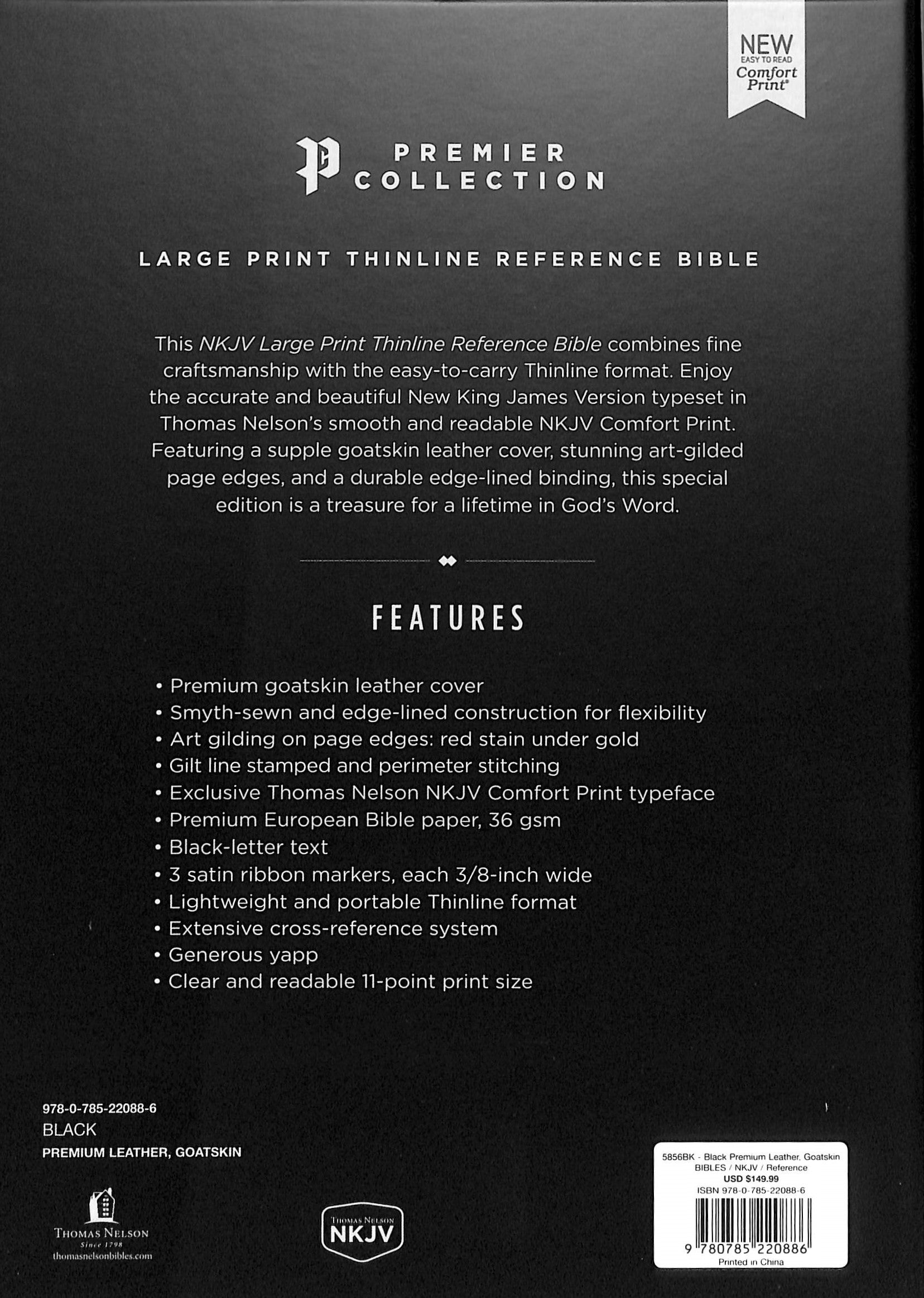 NKJV Thinline Reference Bible featuring Large Print and Black Letter Edition with Premier Collection