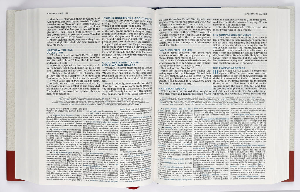Close-up of NKJV MacArthur Study Bible Blue, 2nd Edition, with in-depth study notes and commentary by John MacArthur