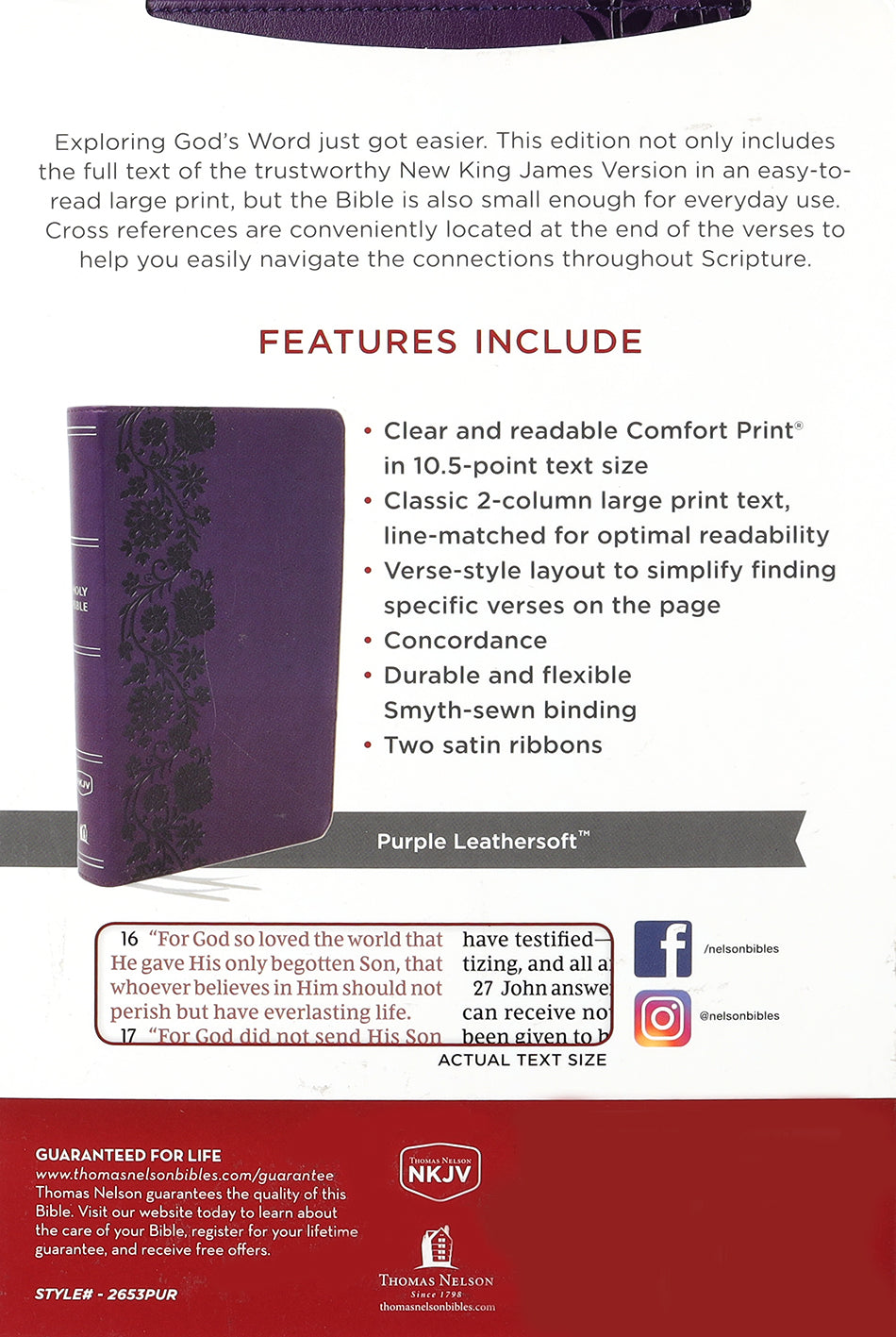 NKJV large print purple Bible with red letter reference study