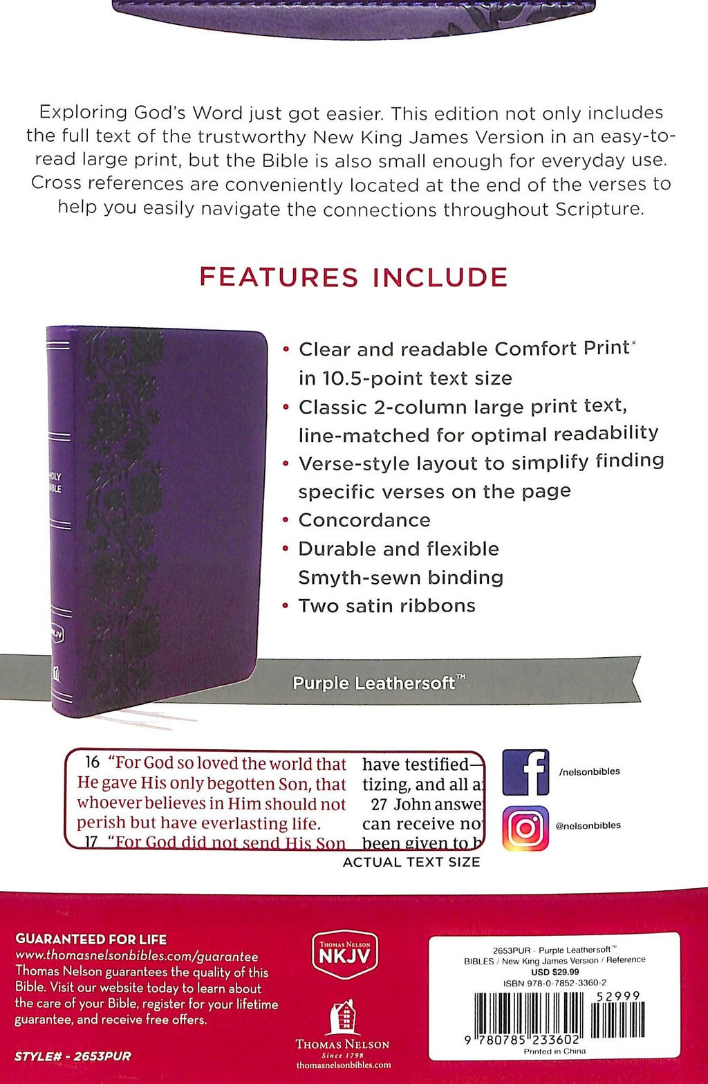 Personal NKJV Bible with large print red letter edition in purple