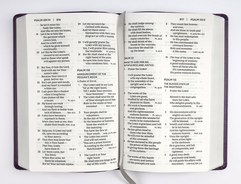 Purple NKJV large print Bible with red letter reference study