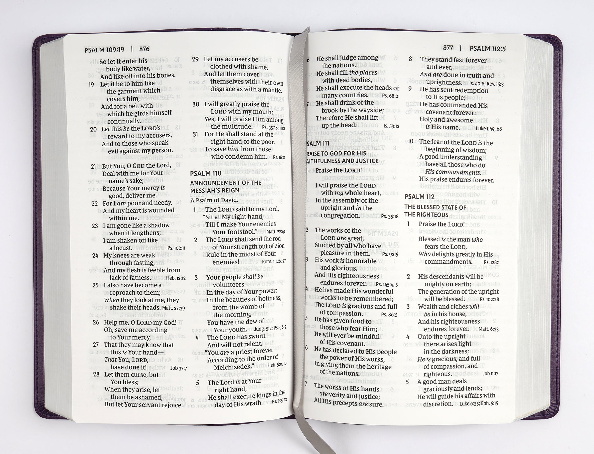 Purple NKJV large print Bible with red letter reference study