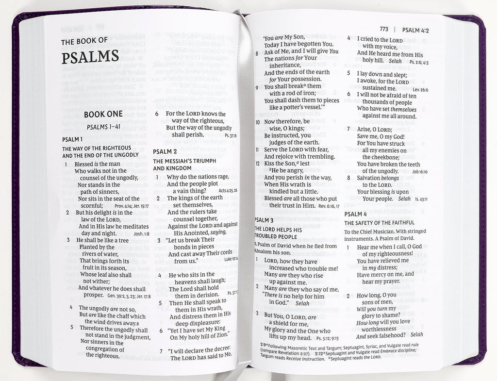 Large print red letter NKJV Bible in purple reference study