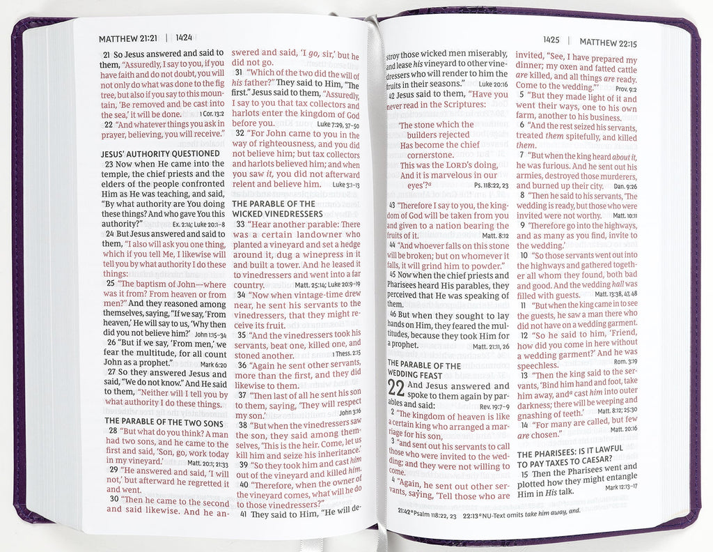 NKJV personal size Bible with purple cover and large print red letter