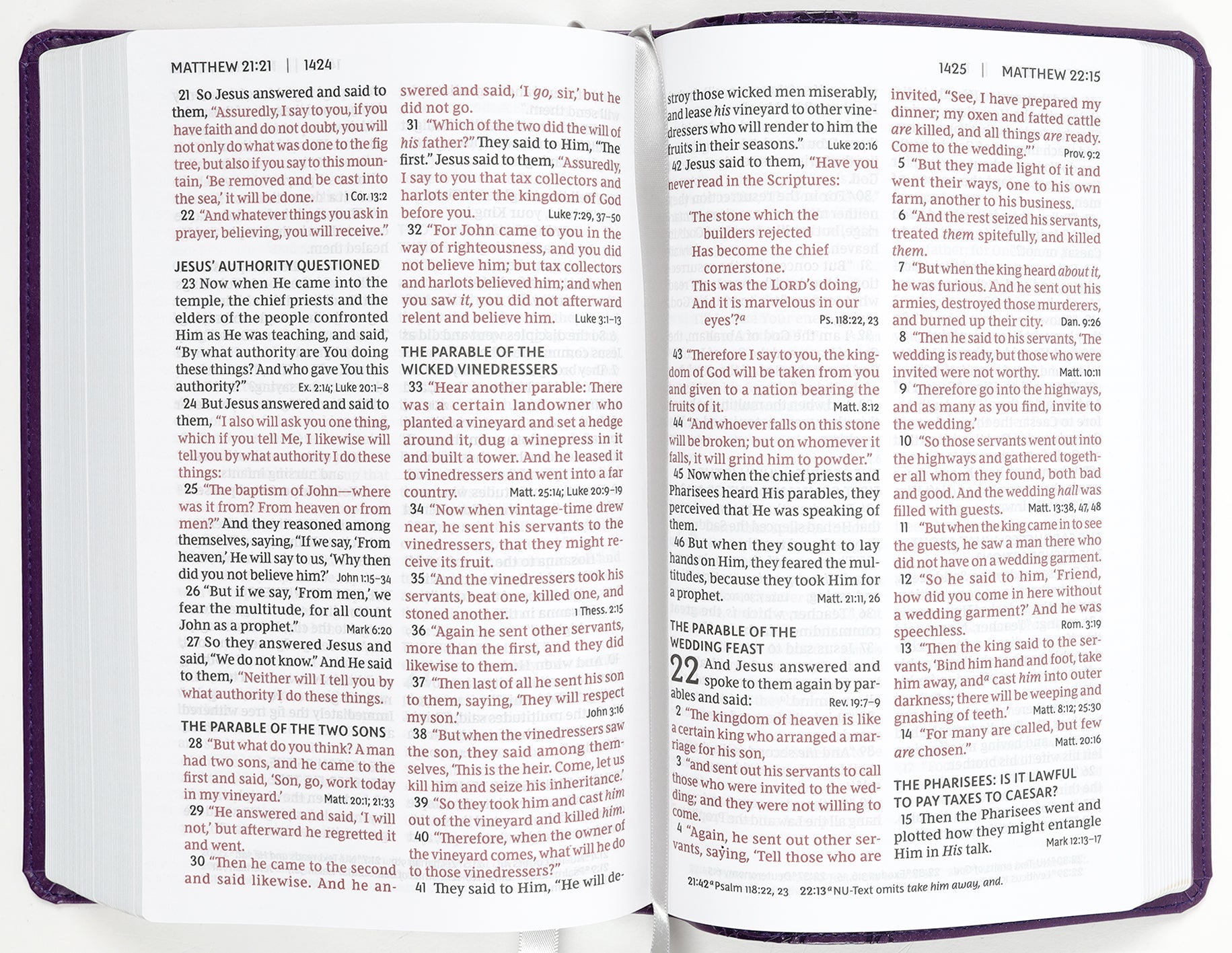 NKJV personal size Bible with purple cover and large print red letter