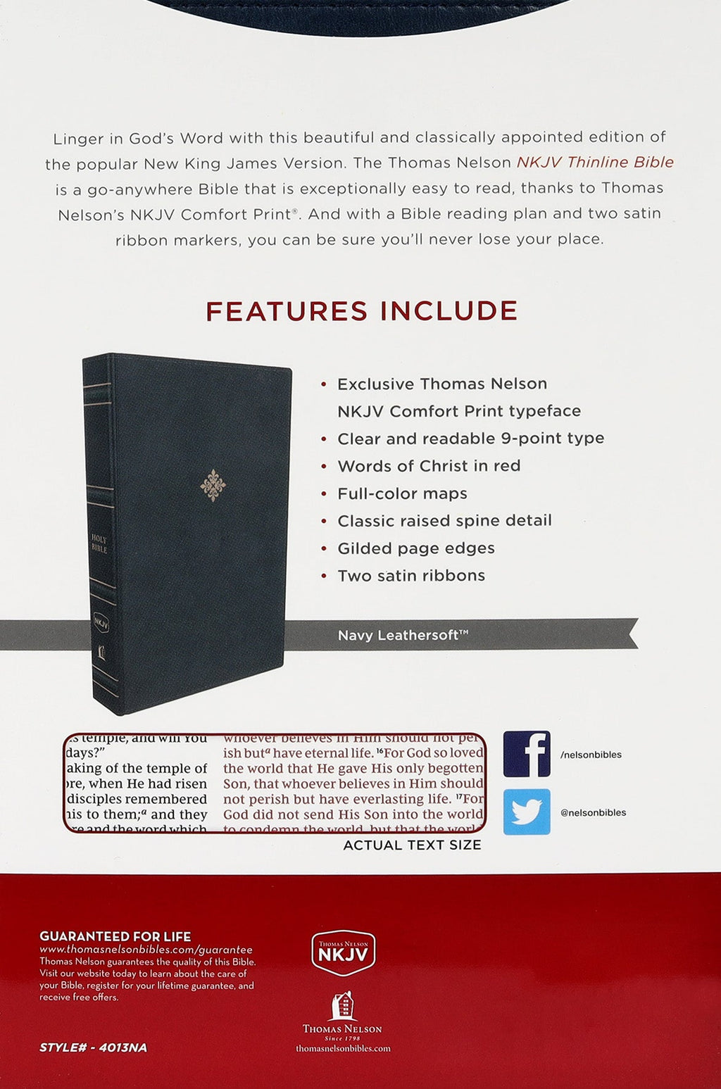 Close-up of NKJV Thinline Bible navy blue cover with thumb indexing