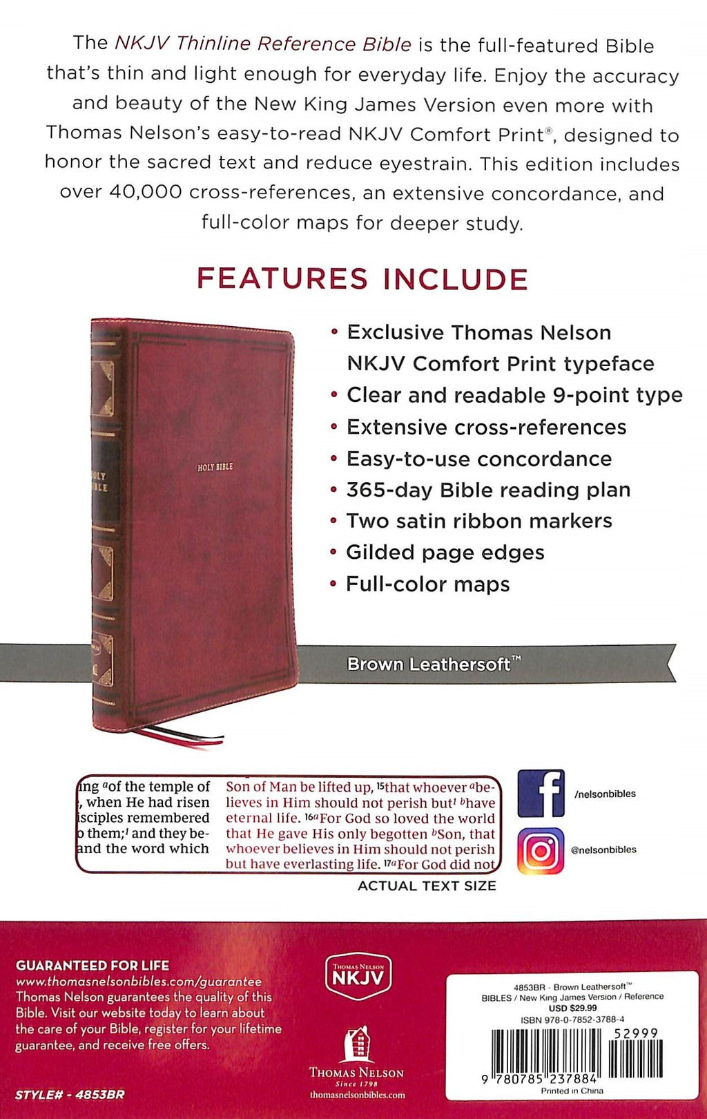 Close-up of NKJV Thinline Reference Bible, Brown Red Letter Edition, Christian scripture