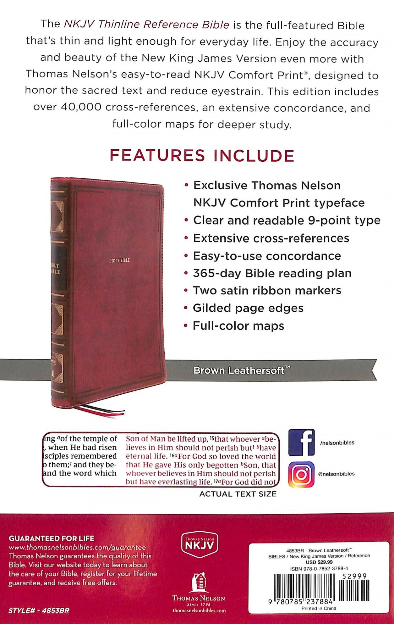 Close-up of NKJV Thinline Reference Bible, Brown Red Letter Edition, Christian scripture