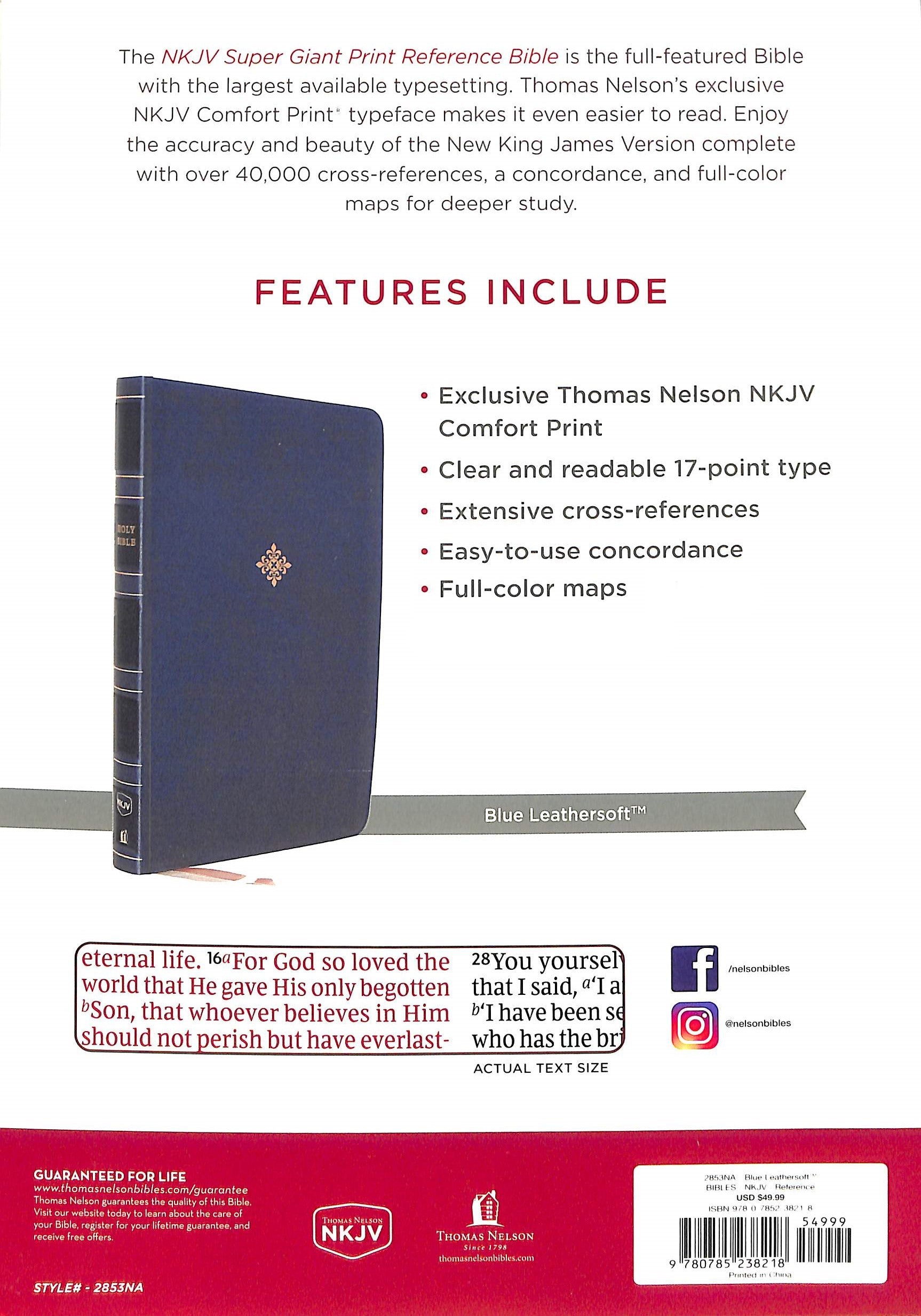Blue NKJV Reference Bible with giant print and red letter edition for study.