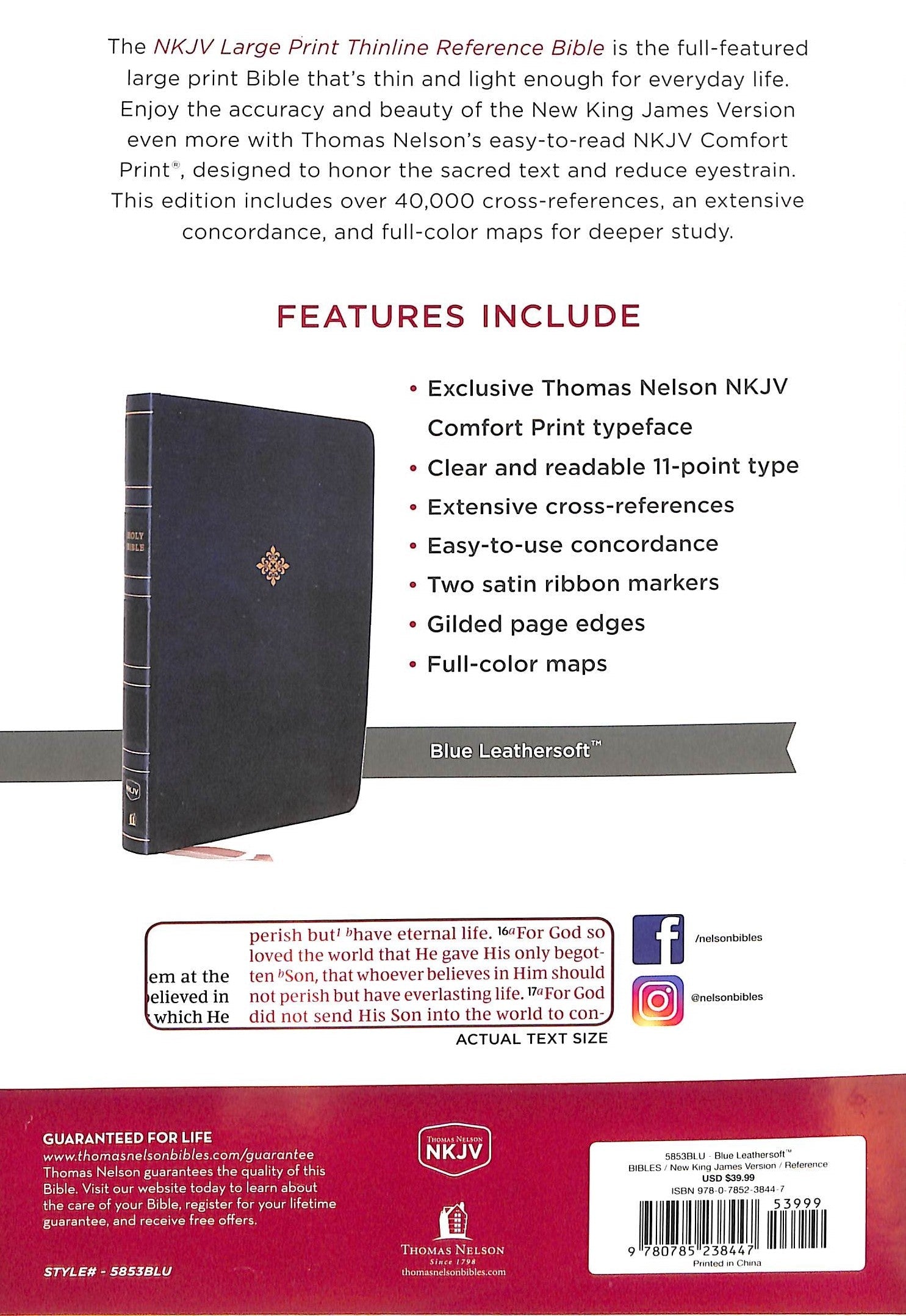 NKJV large print thinline reference bible with blue cover and red letter edition.