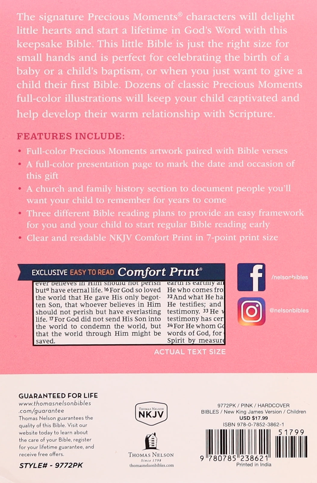 Close-up of NKJV Precious Moments Children's Bible in Pink, ideal for kids
