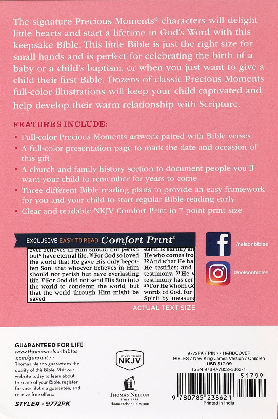 Page from NKJV Precious Moments Children's Bible in Pink, promoting faith and learning