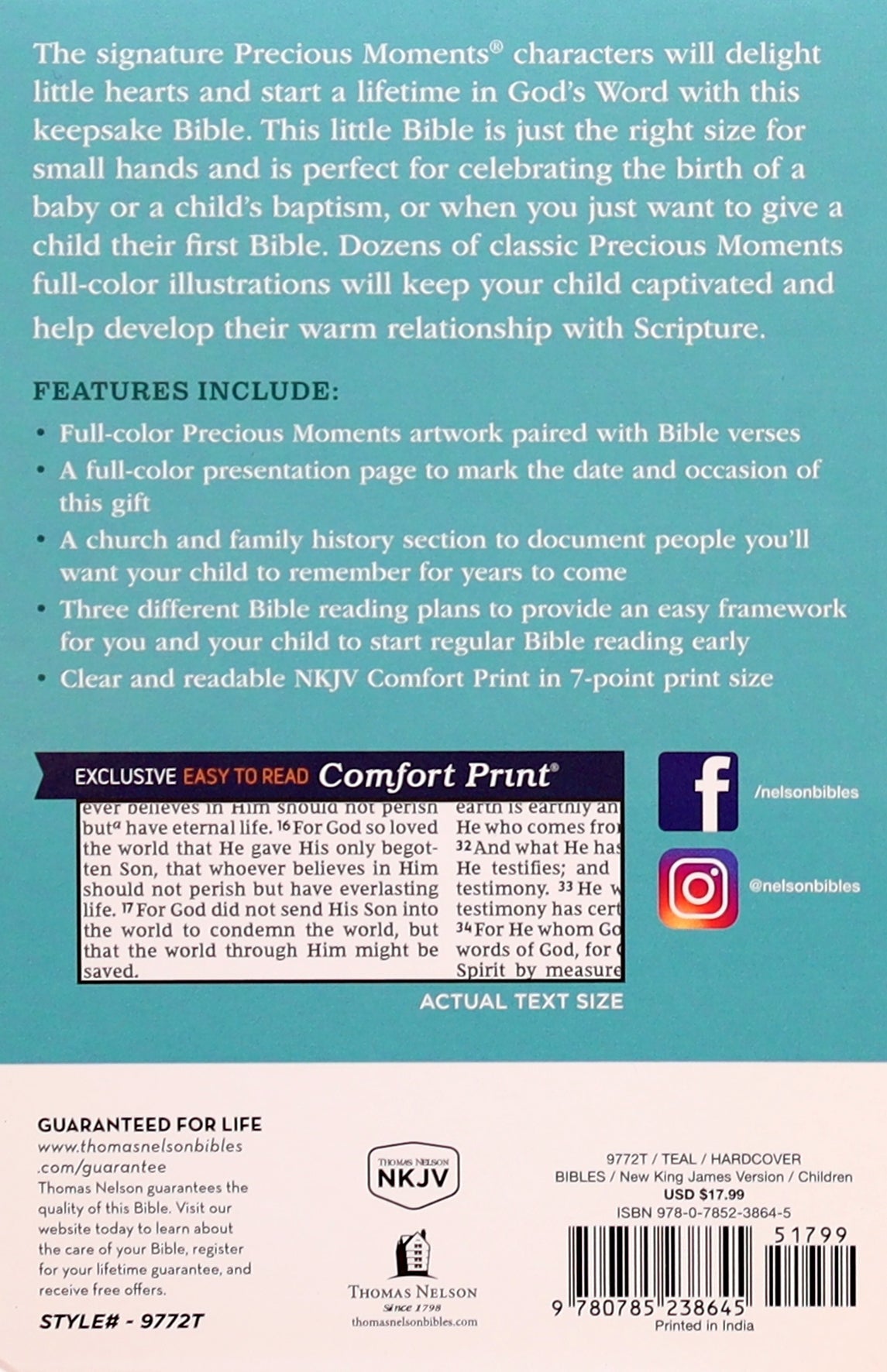 Close-up of NKJV Precious Moments Small Hands Bible Teal cover with delicate design