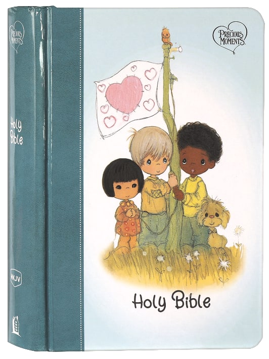 Front cover of NKJV Precious Moments Small Hands Bible Teal with Precious Moments characters