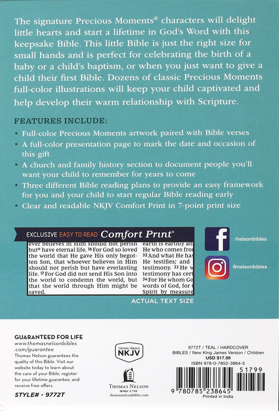 NKJV Precious Moments Small Hands Bible Teal with a child reading it in a park