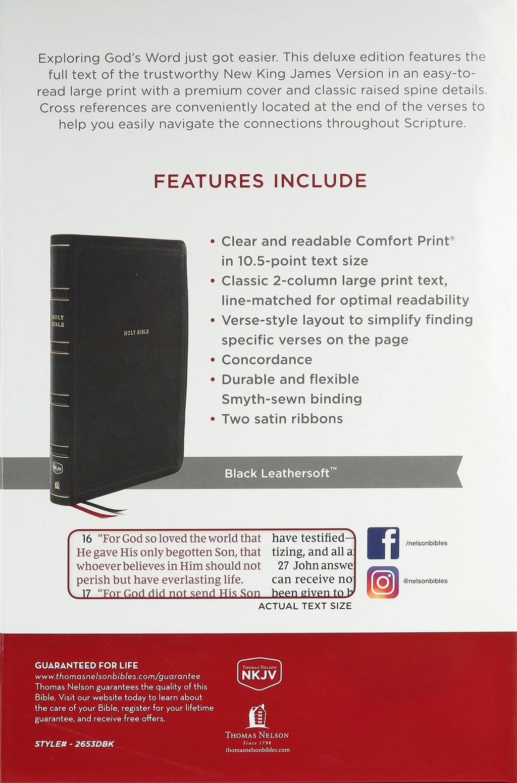Close-up view of NKJV Deluxe Personal Size Large Print Red Letter Bible with red letter edition and large print text