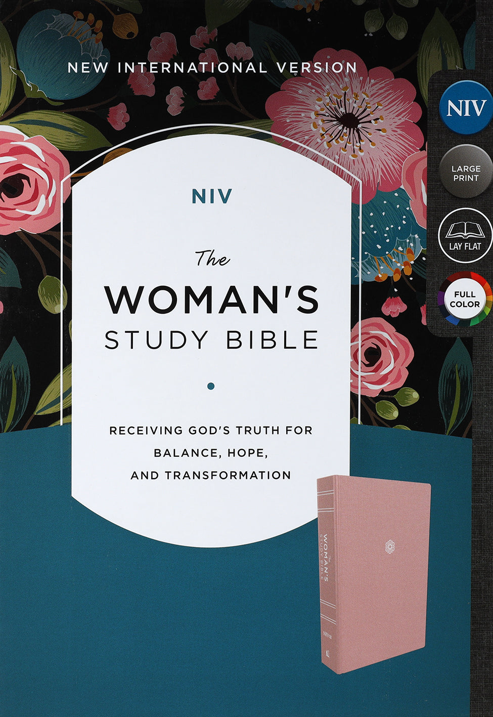 Close-up of the NIV Woman's Study Bible Pink Edition, highlighting its pink leather cover and gold accents.