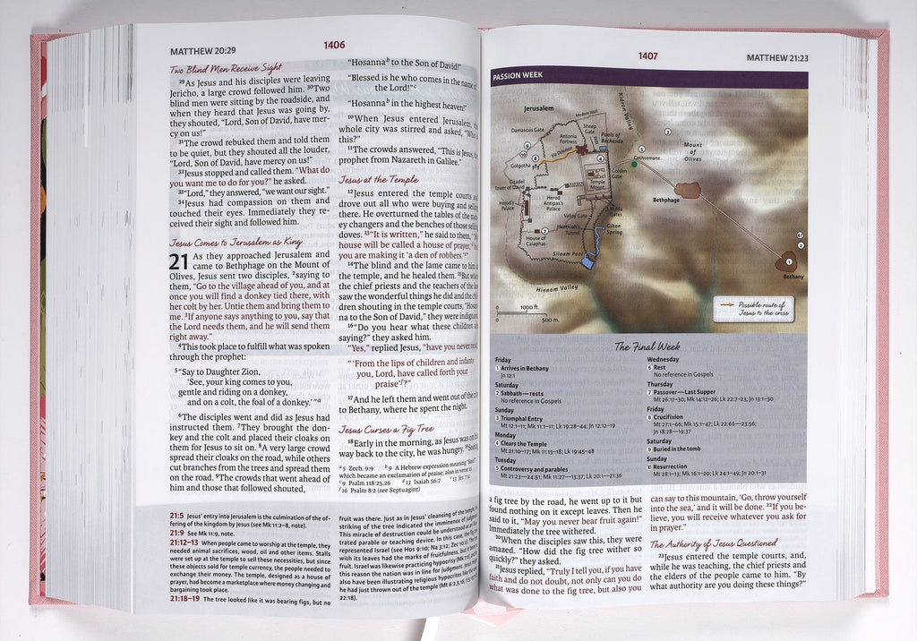 The back cover of the NIV Woman's Study Bible Pink Edition, featuring a summary of its features and benefits.