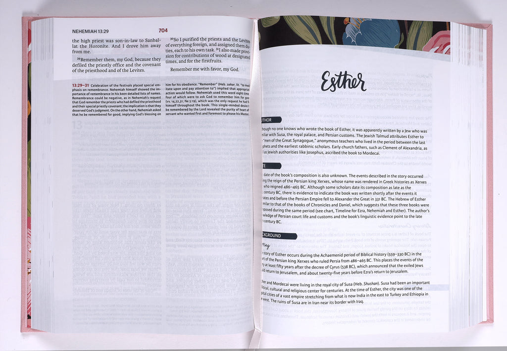The NIV Woman's Study Bible Pink Edition on a desk, surrounded by other Christian study resources.
