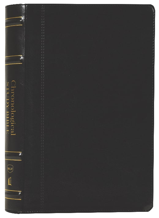 NKJV Chronological Study Bible in a sleek black leather binding, ideal for in-depth biblical study.