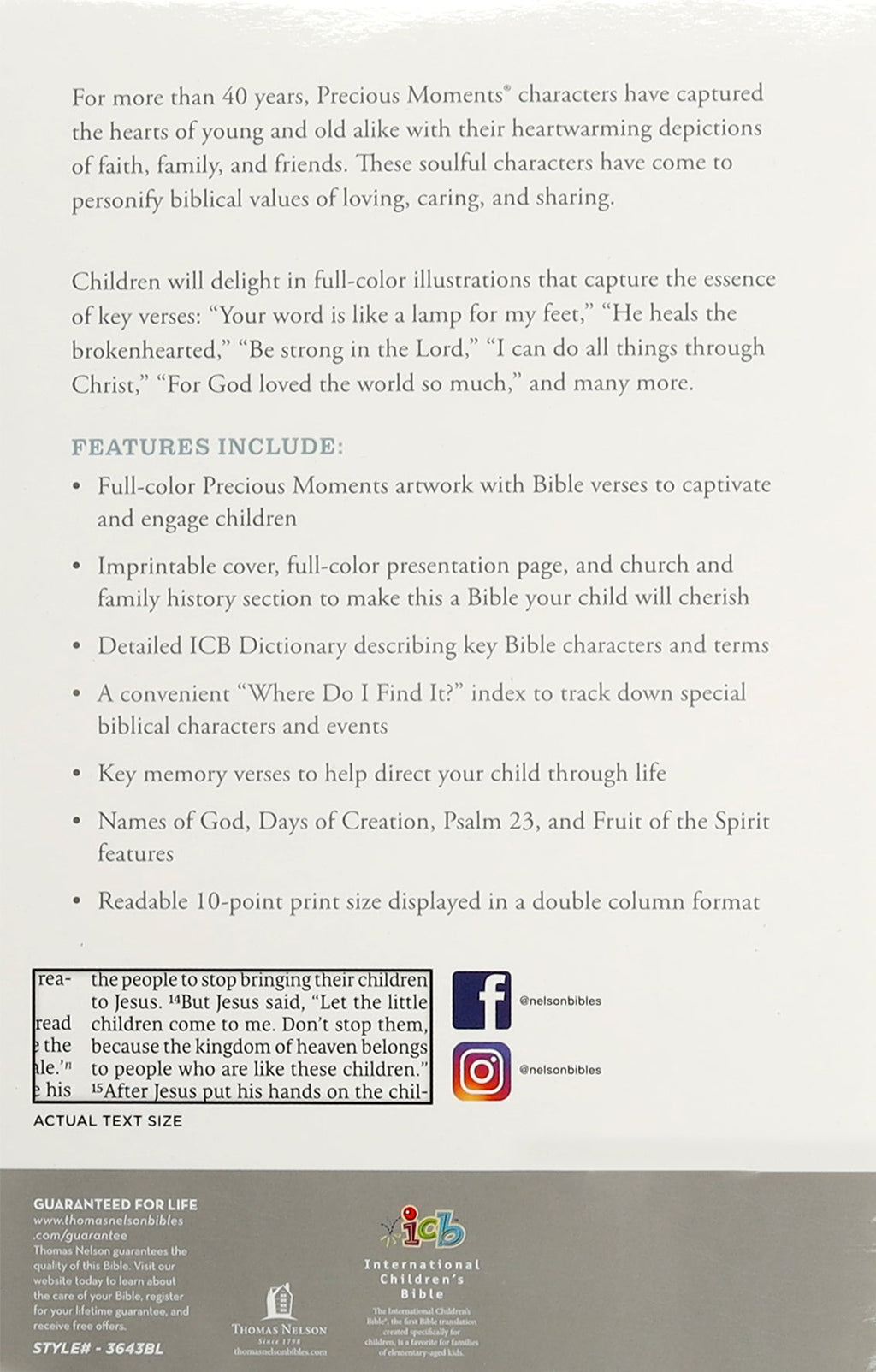 Image of ICB Precious Moments Bible, highlighting blue cover and Precious Moments artwork