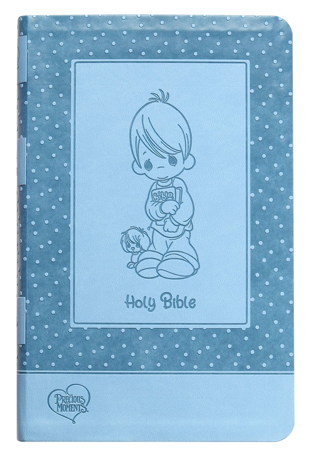 Front cover of ICB Precious Moments Bible, featuring blue and Precious Moments characters